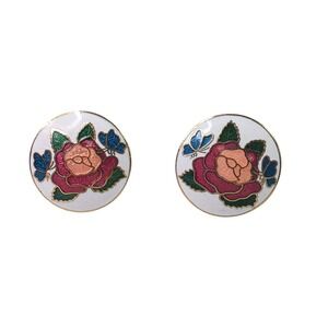 Vintage Cloisonne Rose Butterfly Enamel Stud Earrings Gold Tone Round Everyday